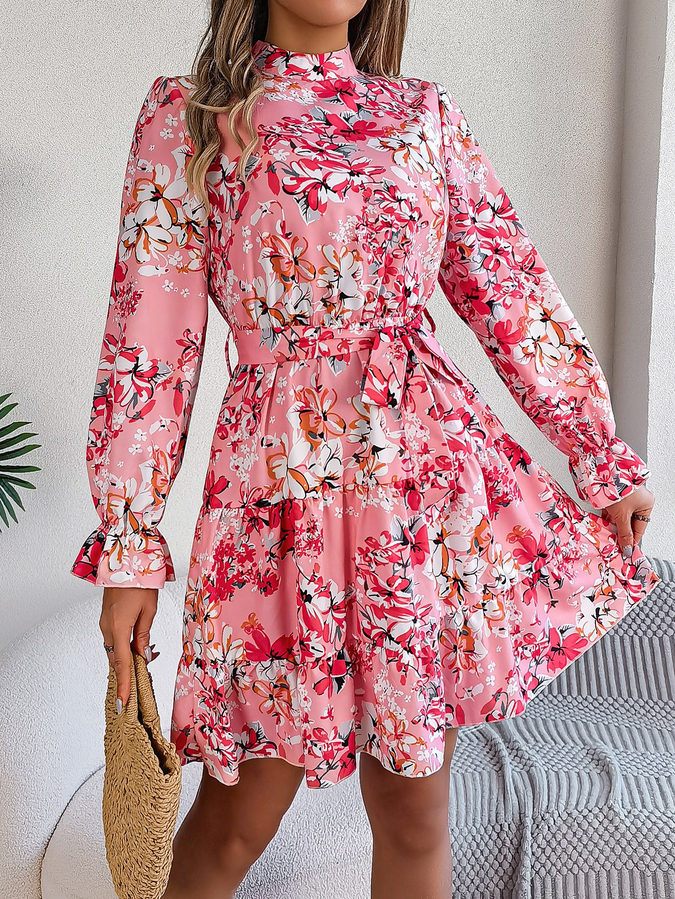 Standing Collar Floral Print Dress