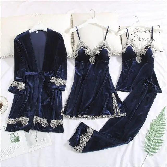 4-Piece Women’s Satin Pajama Set with Robe