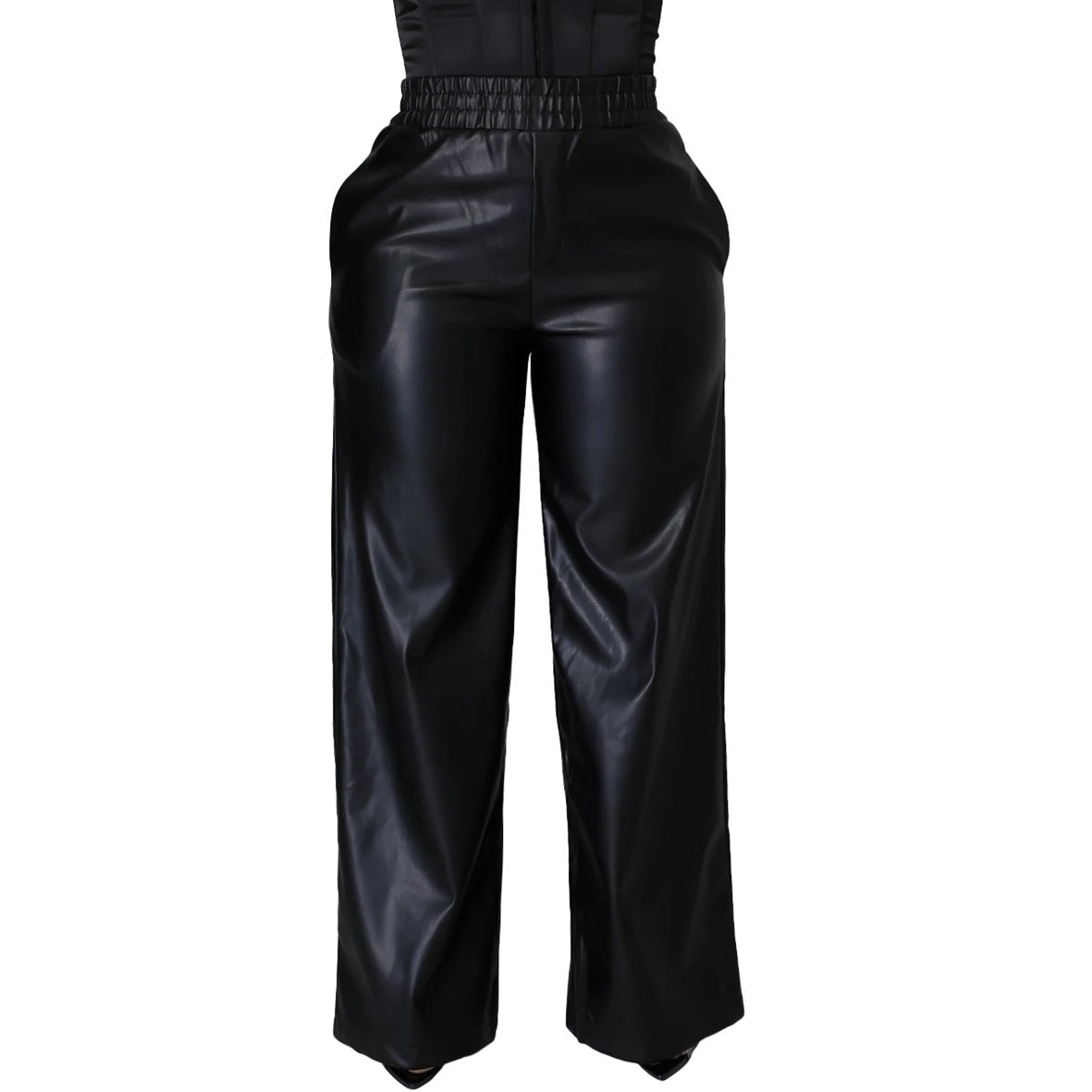 Solid Color Loose Wide Leg Pocket PU Leather Pants