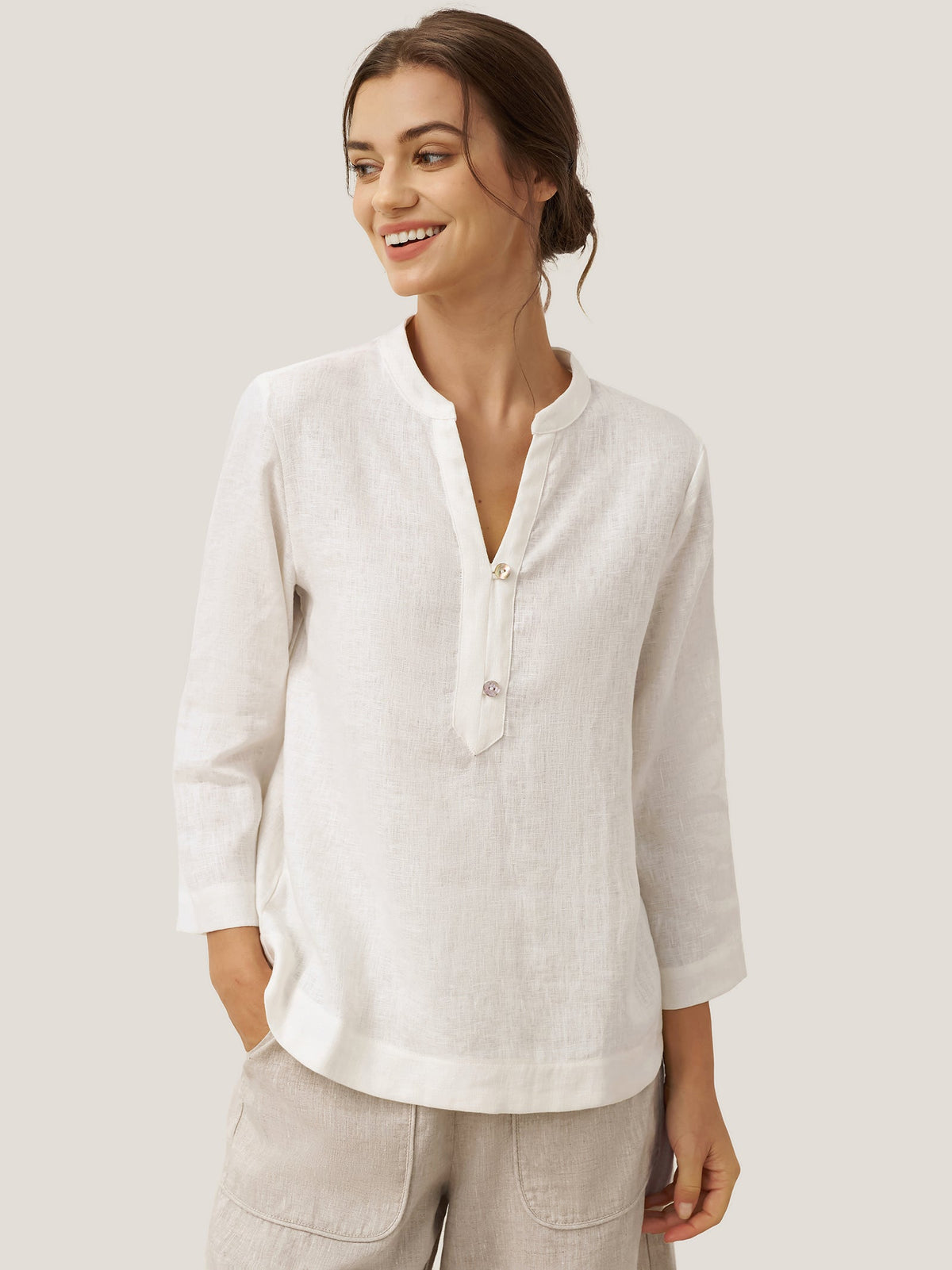 100% Linen Deep V-Neck Pullover with Button-Trim JOLYNE
