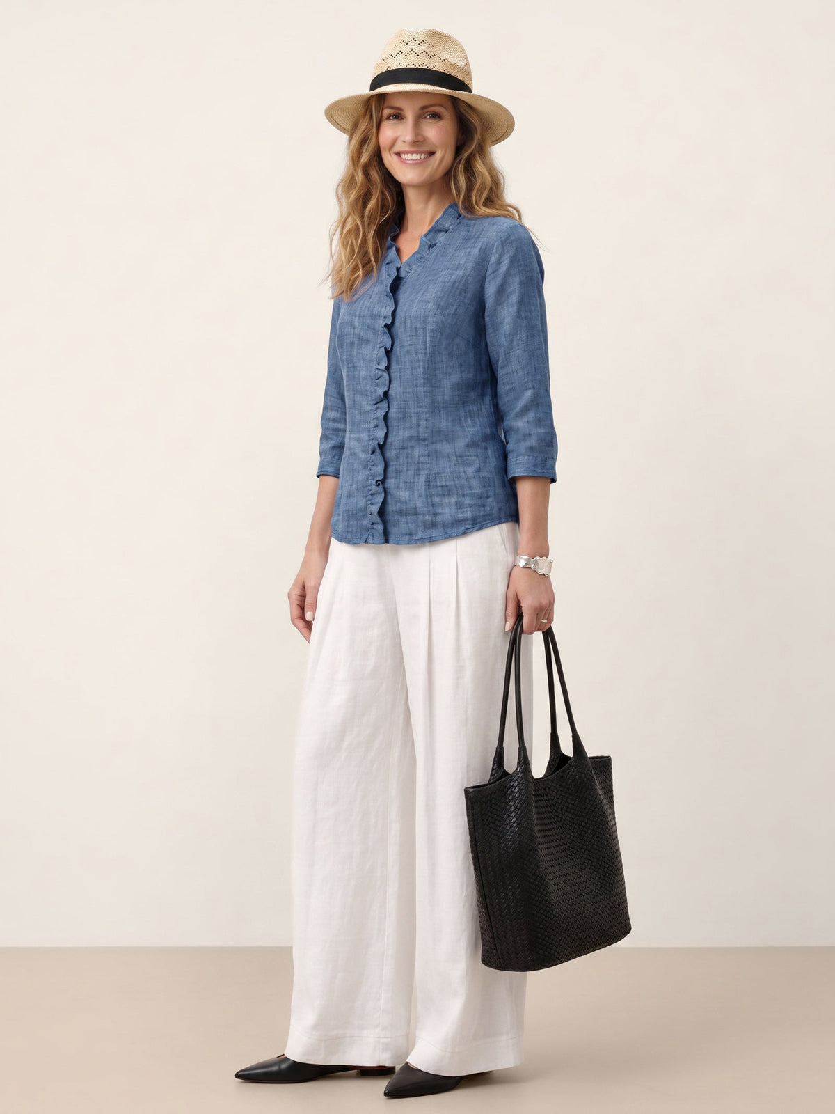 100% Linen Ruffle Placket V-Neck Shirt RENATA