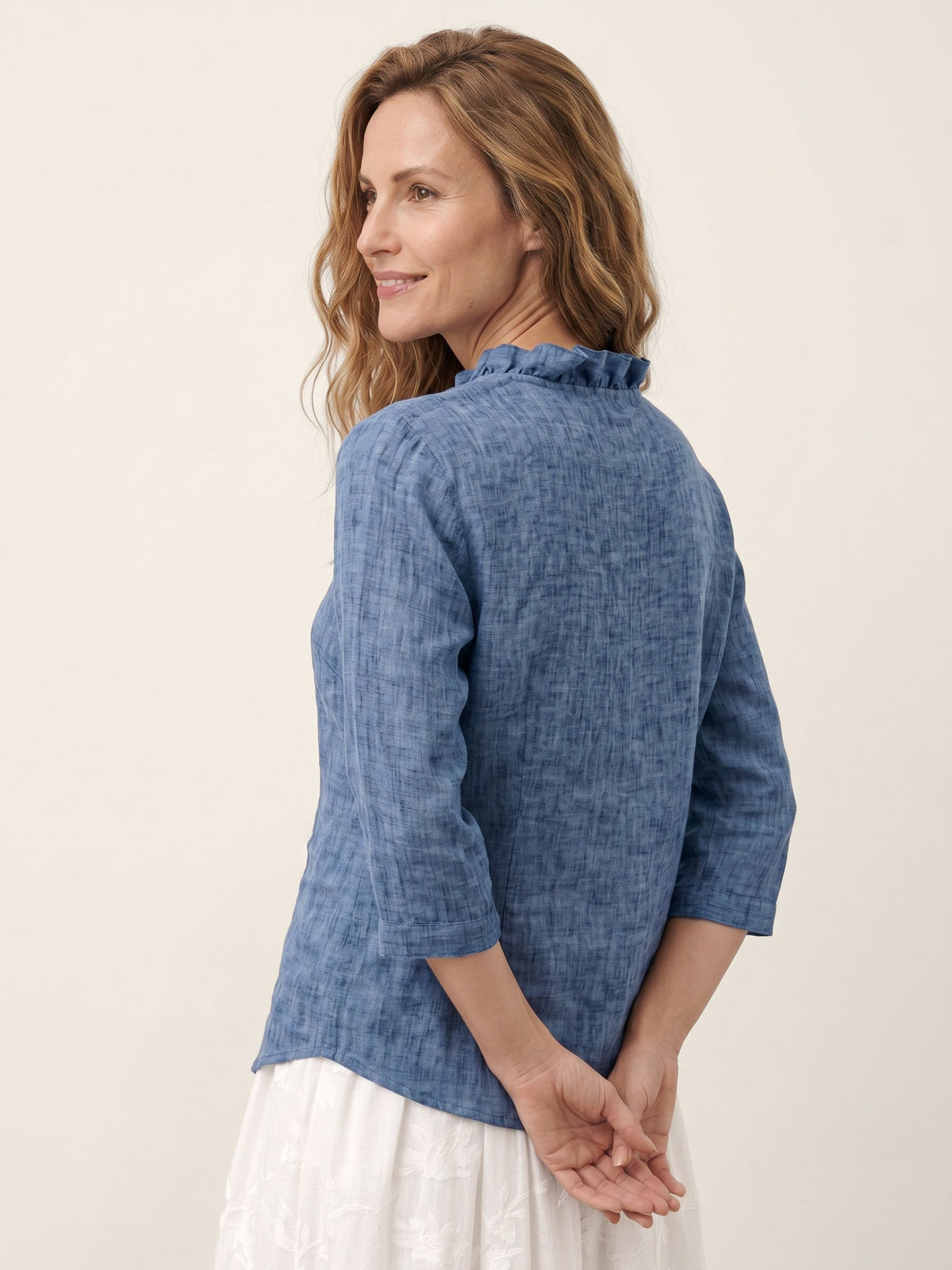 100% Linen Ruffle Placket V-Neck Shirt RENATA