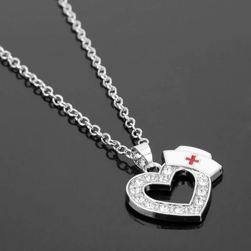 Diamond Heart-shaped Nurse Hat Pendant Necklace