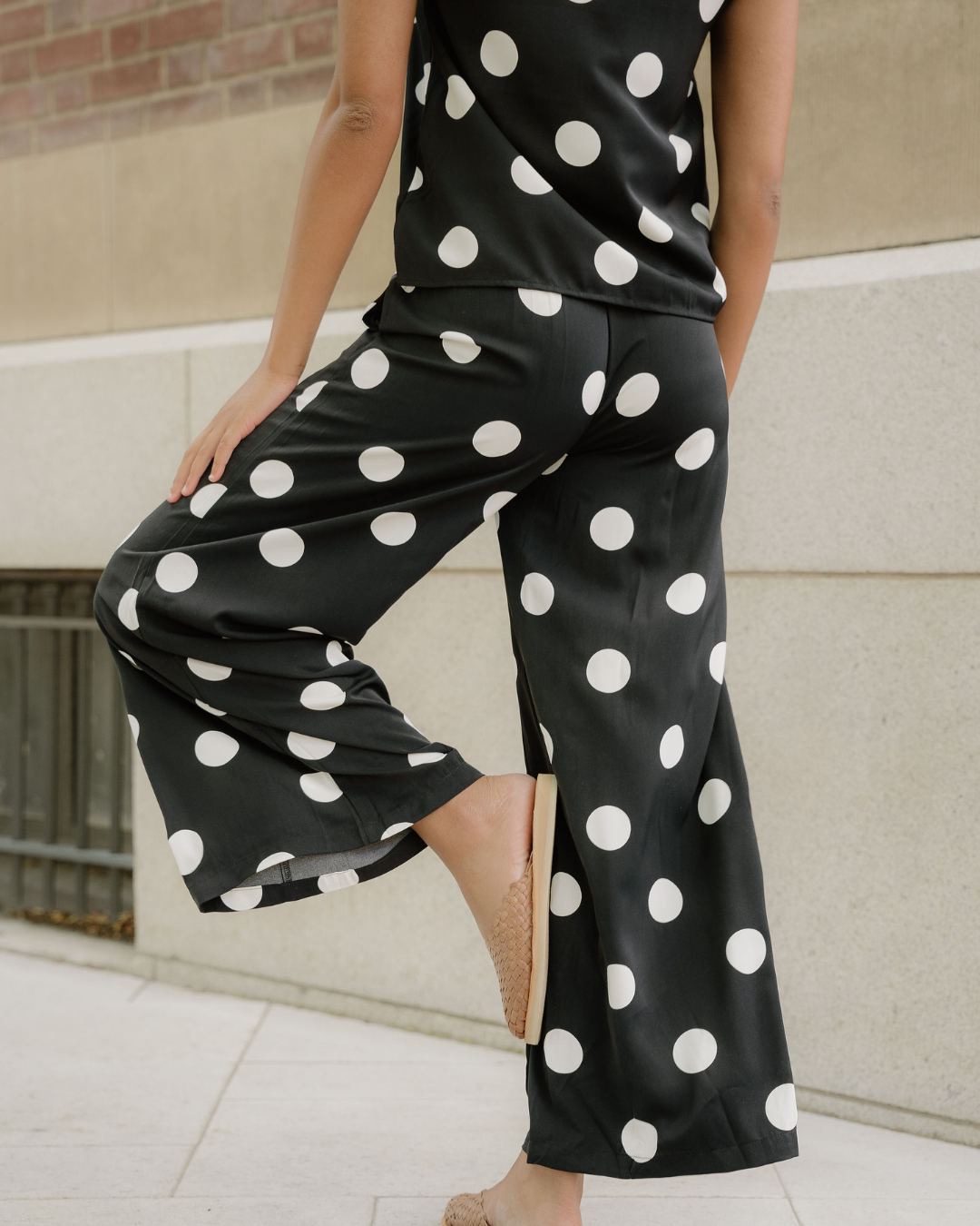 Paris Polka Dot Print Pleated Round Neck Tank Wide Leg Two-Piece Outfit
