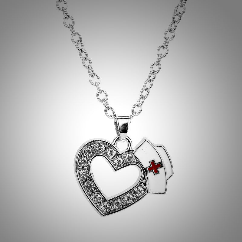 Diamond Heart-shaped Nurse Hat Pendant Necklace