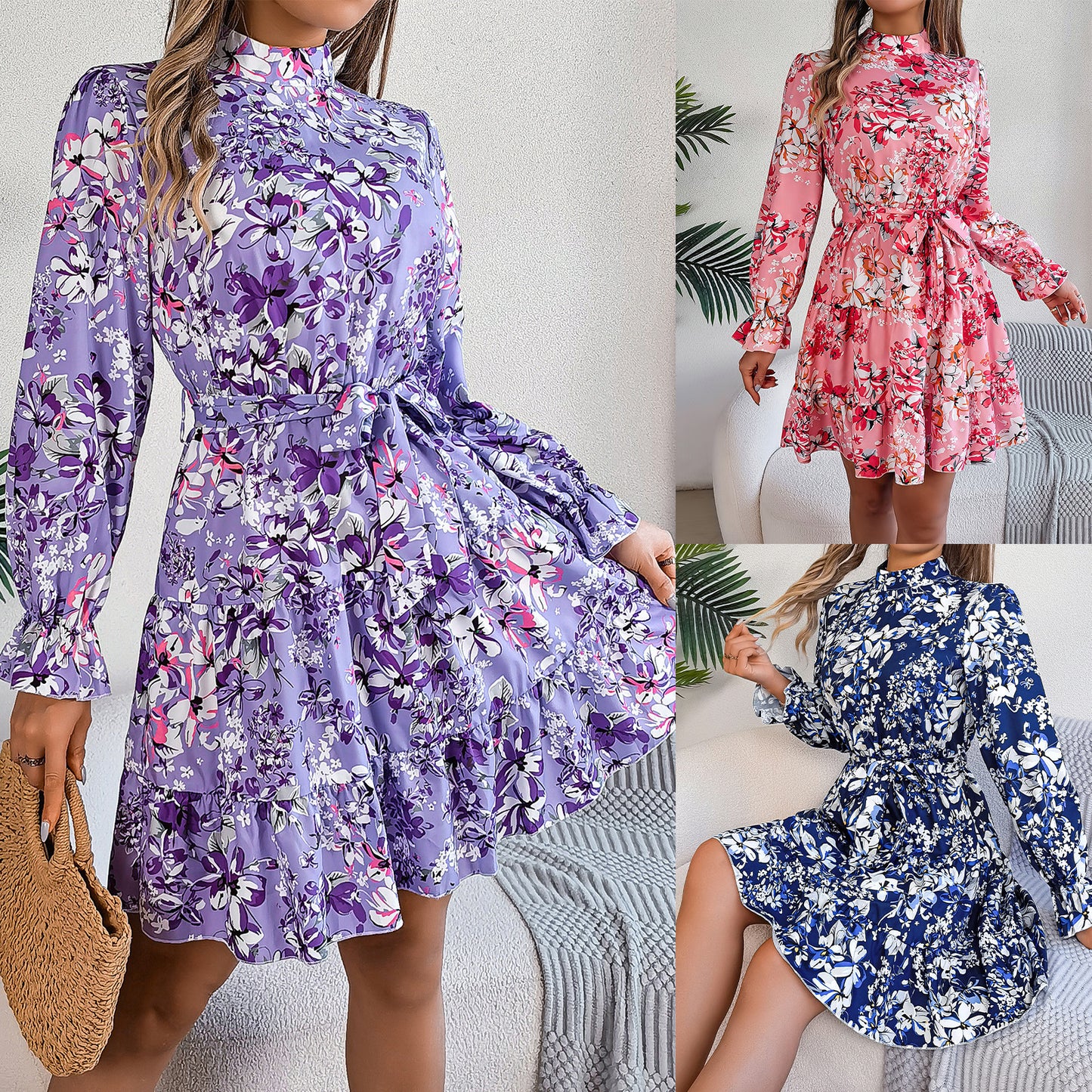 Standing Collar Floral Print Dress