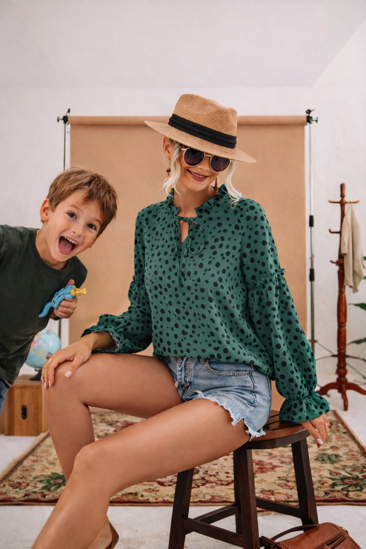 Animal Print Tie-Neck Flounce Sleeve Blouse