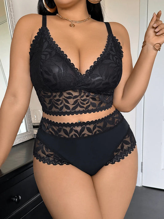Lace Floral Mesh Unlined Wireless Bra & Sexy Lace Trim Panties Set