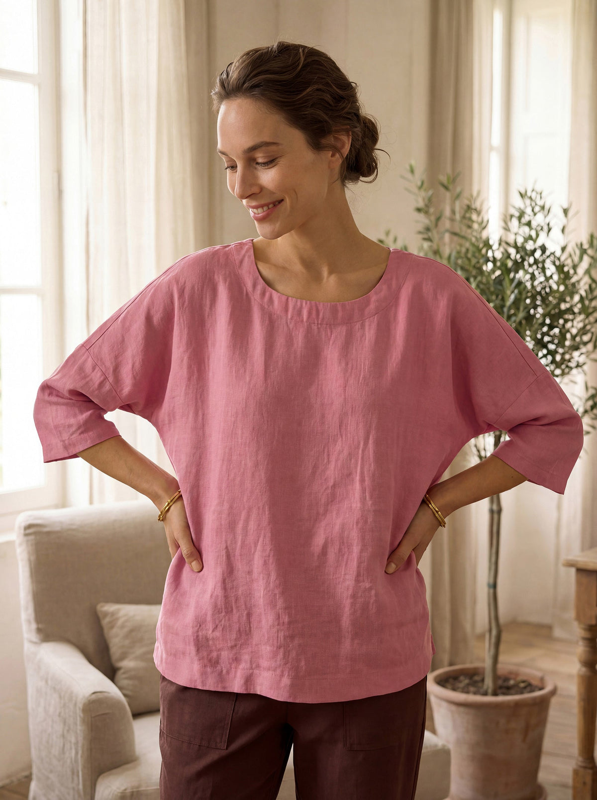 100% Linen Boatneck 3/4 Length Sleeve Top AURORA