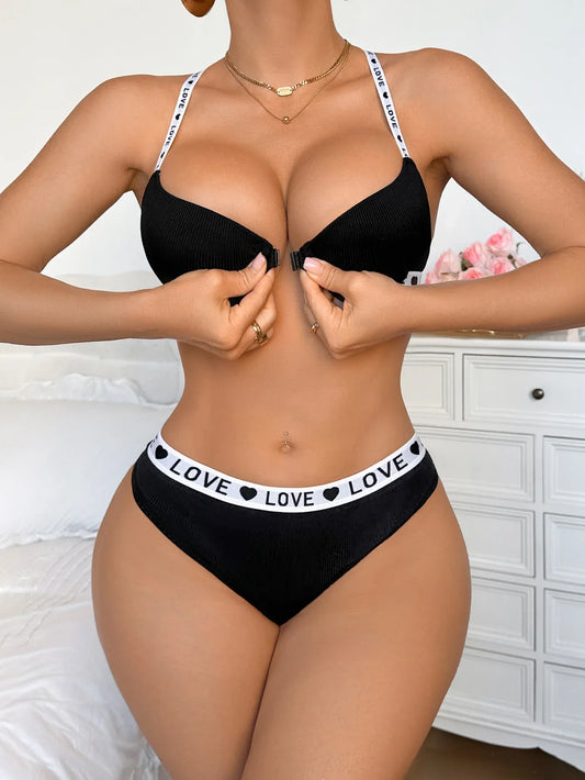 New Ribbed Bra & Letter Strap Underwear Set