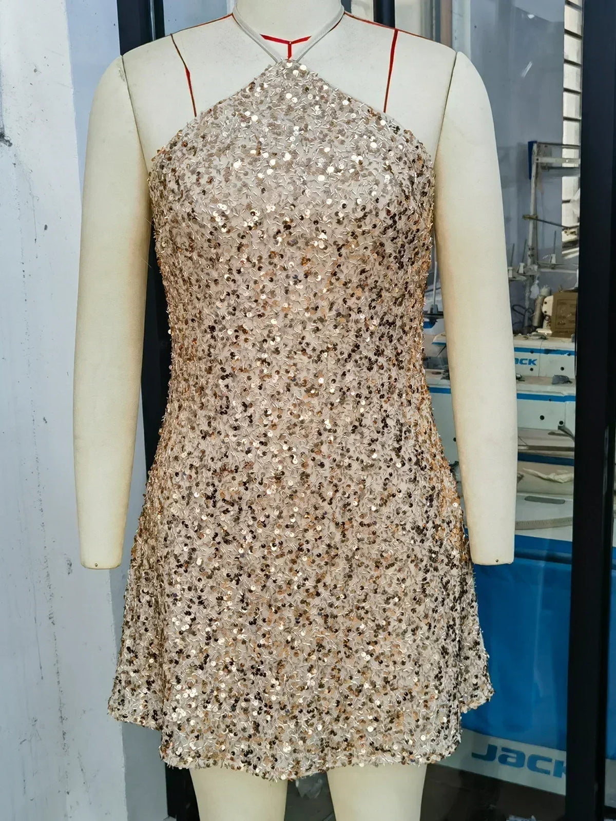 Champagne Sequin Halter Dress