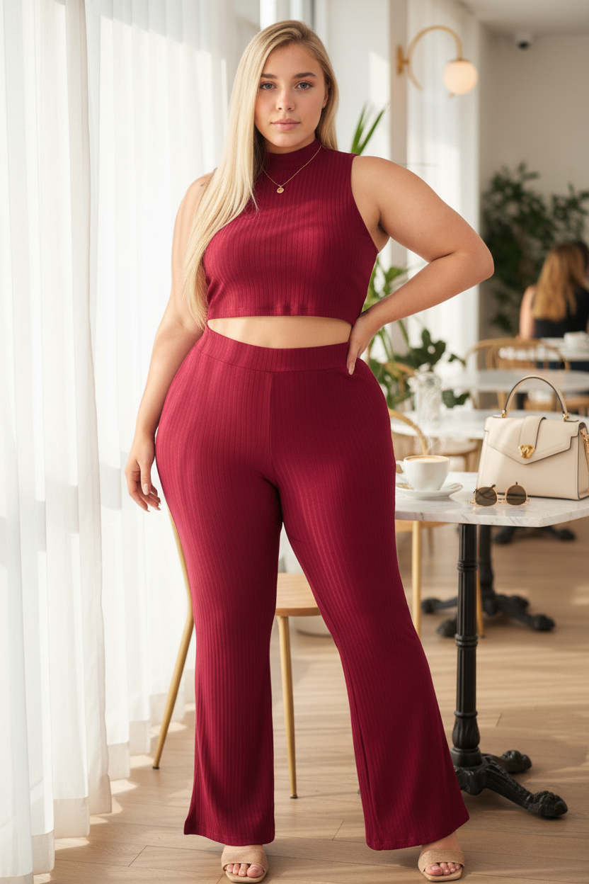 Ribbed Mock Neck Crop Tank Top & Bootcut Pants Set