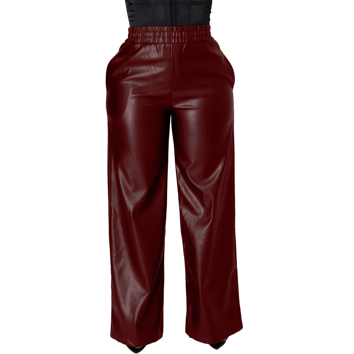 Solid Color Loose Wide Leg Pocket PU Leather Pants