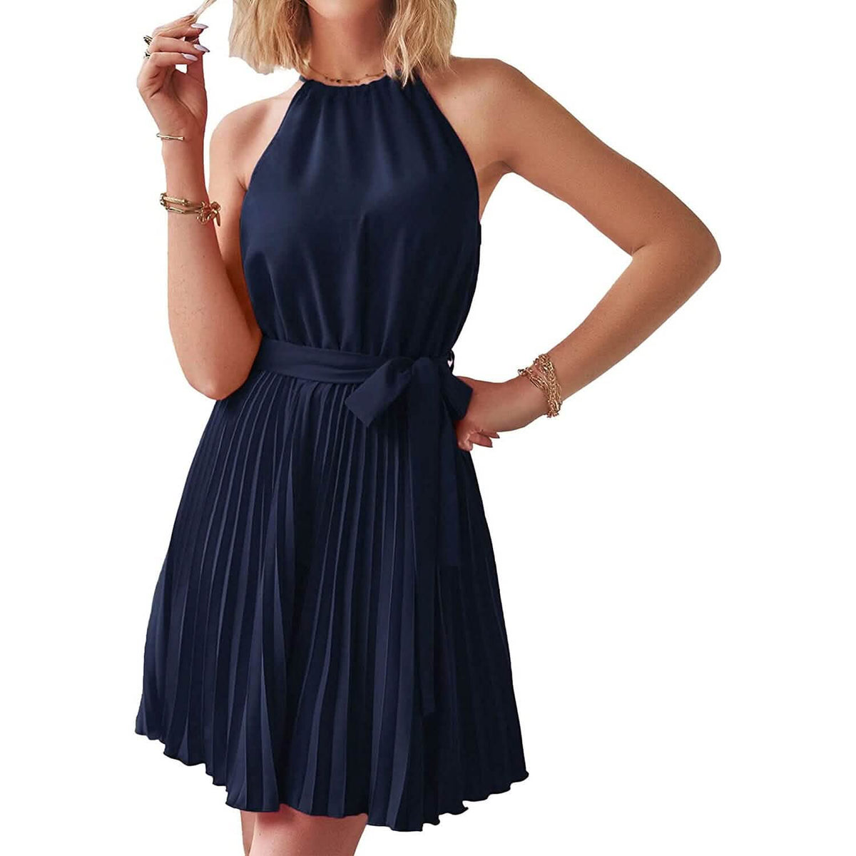 Casual Halter Neck A-Line Dress Sleeveless Belted Swing Pleated Cocktail Party Beach Mini Dresses