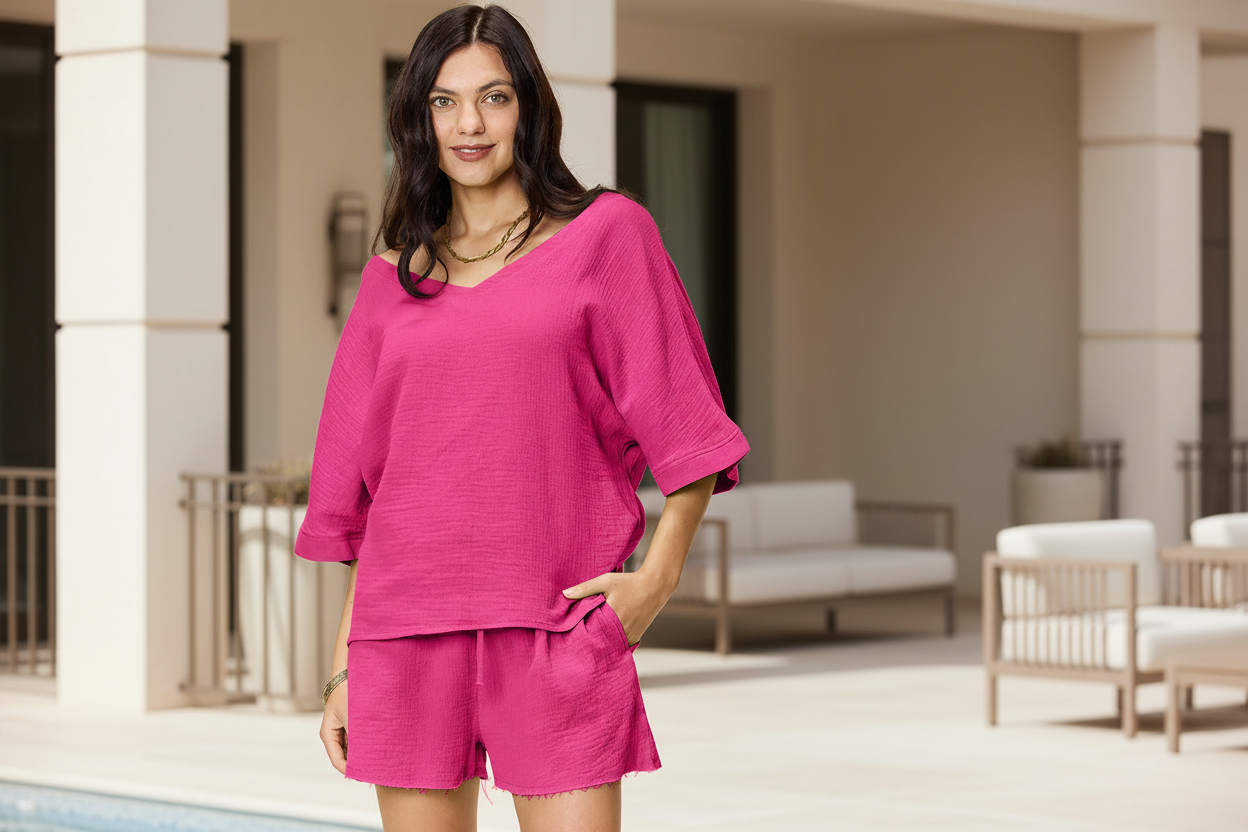 Double Take Texture Tee & Shorts Set