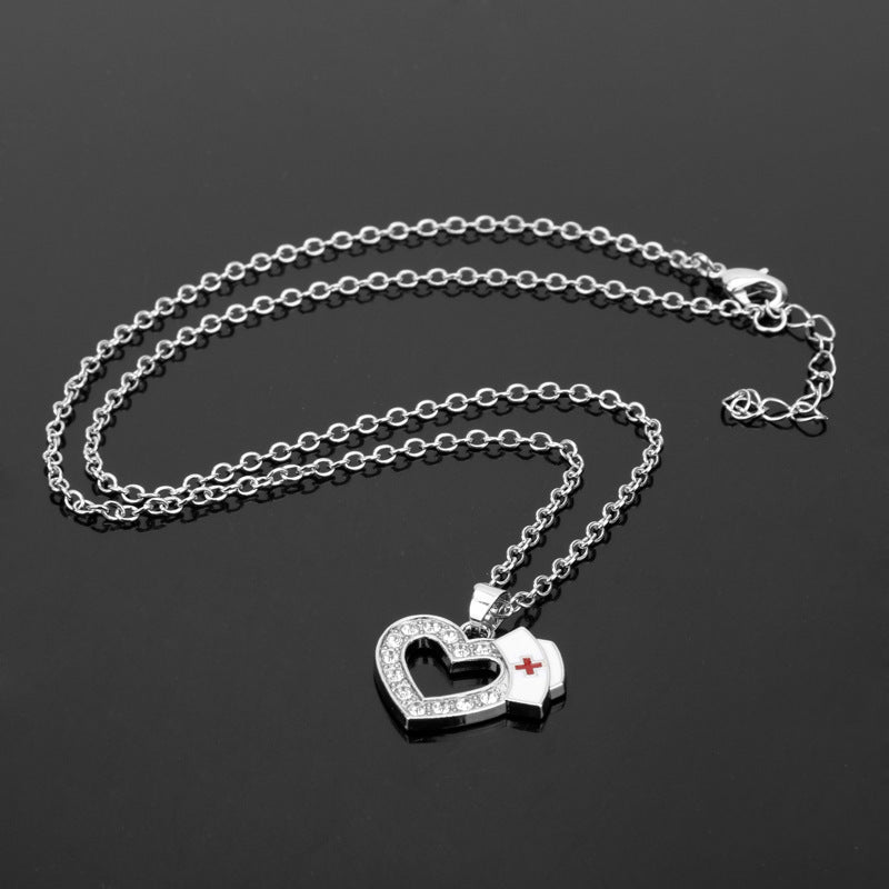 Diamond Heart-shaped Nurse Hat Pendant Necklace