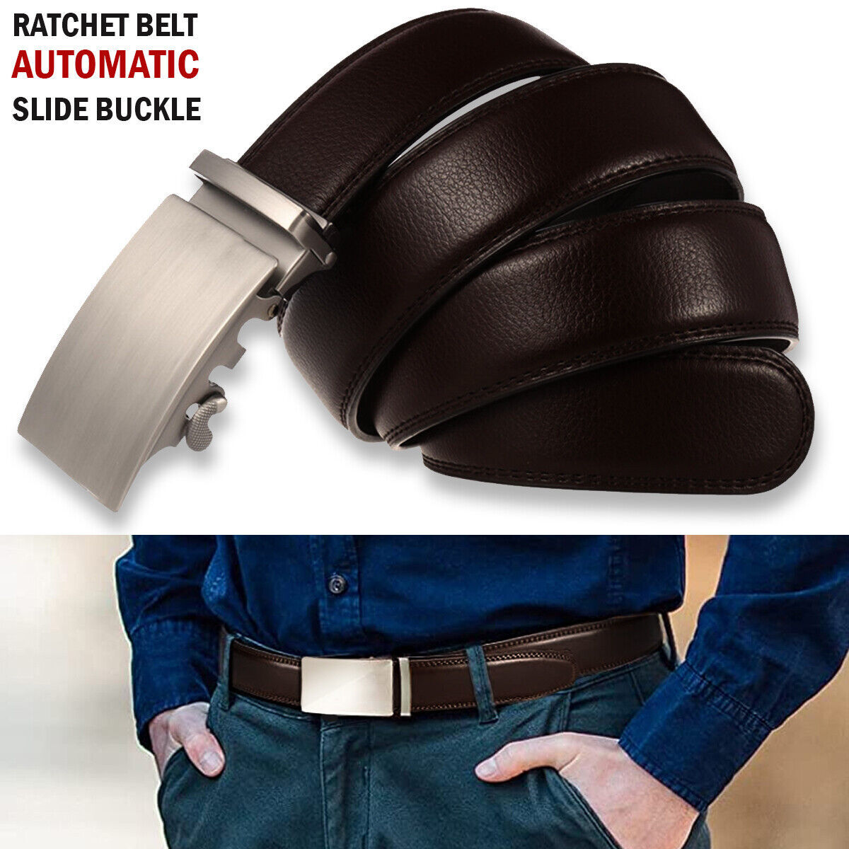 Microfiber Leather Men Ratchet Belt - Dark Brown