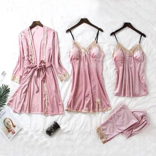 4-Piece Women’s Satin Pajama Set with Robe